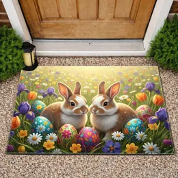 Fluffy Baby Bunnies Decorated Easter Eggs Spring Flowers - Easter Home Decor Gift Doormat