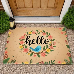 Hello Script Blue Bird Branch Floral Berries Wreath Tan Background - Home Decor Gift Doormat