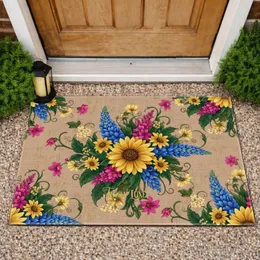 Golden Daisy Blue Lupine Fuchsia Floral Bouquet - Home Decor Gift Doormat