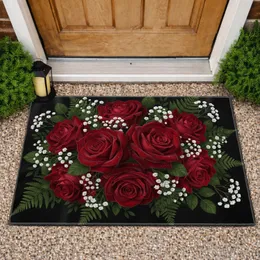 Red Roses White Baby's Breath Green Foliage Dark Background Home Decor Gift Doormat