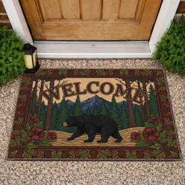Black Bear WELCOME Pine Forest Mountain Flowers - Cabin Decor Wildlife Lover Gift Doormat