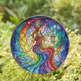 Stargazer Woman Crescent Moon Stars Home Decor Gift for Celestial Lover Stained Glass Suncatcher