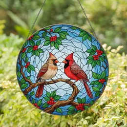 Cardinal Couple Branch Berries - Wildlife Lover Home Decor Gift Stained Glass Suncatcher