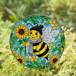 Bee with Beanie Scarf Sunflower Mosaic - Home Decor Gift for Bee Lovers Stained Glass Suncatcher