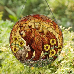 Brown Bear Cubs Sunflower - Wildlife Lover Home Decor Gift for Bear Lover Stained Glass Suncatcher