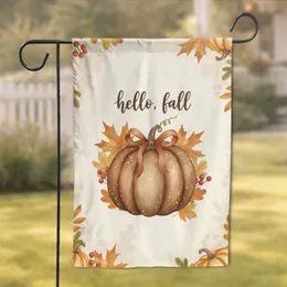 Hello Fall Pumpkin Autumn Leaves Gourds Burnt Sienna Ribbon - Autumn Home Decor Gift Garden Flag