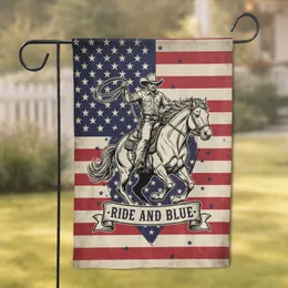 Cowboy Galloping Horse American Flag 'RIDE AND BLUE' - American Pride for Veterans Garden Flag