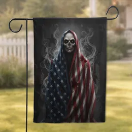 Blood-Splattered Tattered American Flag Skeletal Figure - Gothic Home Decor Garden Flag
