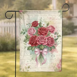 Red Pink Roses Bouquet Pink Ribbon Bow Aged Parchment - Home Decor Gift Garden Flag