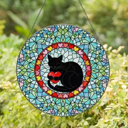 Black Cat Red Heart Multi-Color Hearts Clear Blue Green Glass - Home Decor Gift for Cat Lover Stained Glass Suncatcher