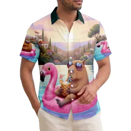 Capybara in Flamingo Float Tropical Sunset Villas - Wildlife Lover Gift Hawaiian Shirt