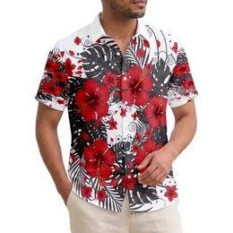 Diagonal Swirl Red Tropical Flowers Black Botanical Elements - Island Vacation Gift Hawaiian Shirt