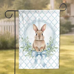 Brown Baby Rabbit Blue Ribbon Green Wreath Light Blue Quatrefoil - Wildlife Lover Home Decor Gift Garden Flag