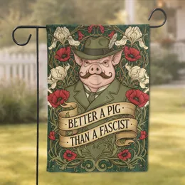 Mustache Pig Anti-Fascist Banner Art Nouveau Floral - Activist Statement Home Decor Garden Flag