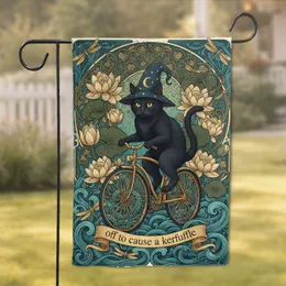 Magical Black Cat Wizard Hat Golden Bicycle Off To Cause A Kerfuffle - Cat Lover Home Decor Gift Garden Flag