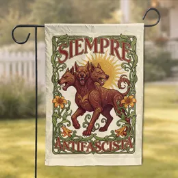Three-Headed Dog Siempre Antifascista Art Nouveau Vines Golden Sun - Statement Home Decor Garden Flag