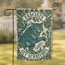 Fierce Tabby Cat 'Fascists Get Scratches' Art Nouveau Floral - Cat Lover Home Decor Gift Garden Flag
