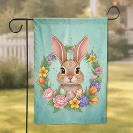 Cheerful Brown Rabbit Spring Floral Wreath Easter Eggs - Easter Home Decor Garden Flag