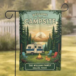 Welcome To Our Campsite Camper Dog Mountain Lake Scenic - Custom Camping Decor Gift for Family Garden Flag