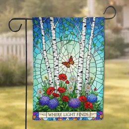 Stained Glass Birch Trees Monarch Butterfly Garden Flowers Home Decor Gift for Nature Lover Garden Flag