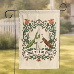 Praying Mantis Grasshopper Floral Vines 'Girls Will Be Girls' Empowerment Gift Garden Flag
