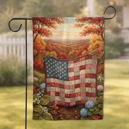 Patchwork American Flag Quilt Autumn Landscape - Farmhouse Decor Gift Garden Flag