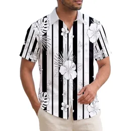 Hibiscus Plumeria Monstera Black White Stripe - Island Lifestyle Gift Hawaiian Shirt