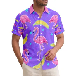 Pink Flamingos Yellow Bananas Cyan Stars Polka Dots Tropical Island Paradise Gift Hawaiian Shirt