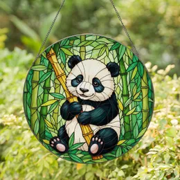 Cute Baby Panda Holding Bamboo Stalk in Dense Bamboo Forest - Wildlife Lover Gift Stained Glass Suncatcher