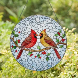 Cardinal Pair Branch Berries Winter Sky - Home Decor Gift for Bird Lovers Stained Glass Suncatcher