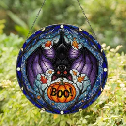 Black Bat Purple Wing Orange BOO Pumpkin Tree Spiderweb - Halloween Home Decor Gift Stained Glass Suncatcher