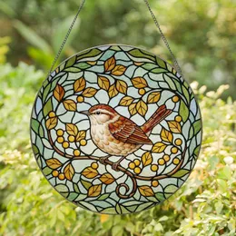 Plump Wren Bird Amber Leaves Branch Botanical Mosaic - Home Decor Gift for Bird Lover Stained Glass Suncatcher