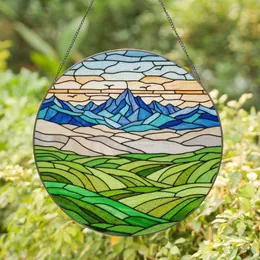 Green Fields Mountain Range Black Birds Silhouettes - Home Decor Gift Stained Glass Suncatcher