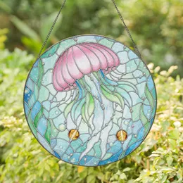 Iridescent Jellyfish Flowing Arms Underwater Scene - Home Decor Gift for Marine Life Lovers Stained Glass Suncatcher