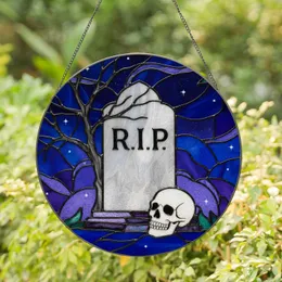 Gothic Tombstone Skull Bare Branch Night Sky - Halloween Home Decor Gift Stained Glass Suncatcher