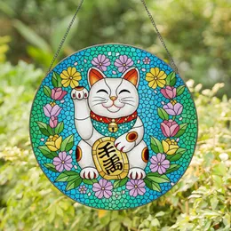 Maneki-Neko Beckoning Cat Gold Collar Blooming Flowers - Home Decor Gift Stained Glass Suncatcher