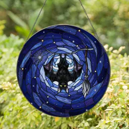 Black Bat Yellow Eyes Branch Spiderweb Broomstick Galaxy - Home Decor Gift for Bat Lover Stained Glass Suncatcher