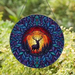 Stag Pine Forest Bare Branches Amber Crimson Sunset Feathers - Home Decor Gift for Wildlife Lover Stained Glass Suncatcher