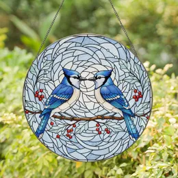 Two Blue Jays Brown Branch Winter Berries Frosted Leaves - Home Decor Gift for Bird Lover Stained Glass Suncatcher