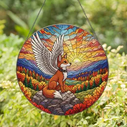 Winged Fox Dog Autumn Mountains Sunset - Nature Lover Home Decor Gift Stained Glass Suncatcher
