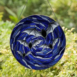 Three Stained Glass Bats Flight Swirling Dark Blue Purple Night Sky - Home Decor Gift for Bat Lovers Stained Glass Suncatcher