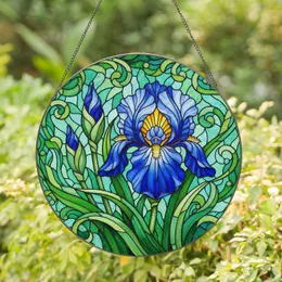 Tiffany-Inspired Blue Iris Flower Bud Green Leaves Mosaic - Home Decor Gift Stained Glass Suncatcher