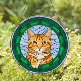 Orange Tabby Cat Alert Ears Playful Paw Segmented Border - Cat Lover Home Decor Gift Stained Glass Suncatcher