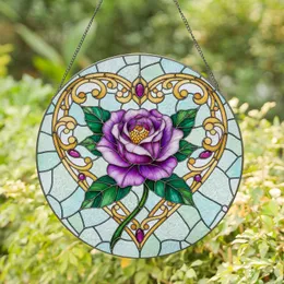 Purple Rose Deep Green Leaves Golden Heart Frame Ruby Cabochon Aqua Mosaic - Home Decor Gift Stained Glass Suncatcher