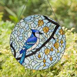 Blue Jay Tree Branch Amber Leaves Beads - Home Decor Gift for Bird Lovers Stained Glass Suncatcher