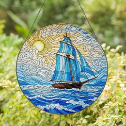 Sailboat Tall Mast Full Sails Wavy Sea Setting Sun Sky - Home Decor Accent Gift Stained Glass Suncatcher