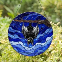Hanging Black Bat Broomstick Spiderweb Stars Night Sky - Halloween Decor Gift Stained Glass Suncatcher