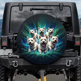 Six White Terrier Dogs Green Blue Streaks Background - Travel Adventure Gift Spare Tire Cover