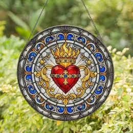 Sacred Heart Crowned Cross Flames Acanthus Leaves - Faith Home Decor Gift for Believers Stained Glass Suncatcher