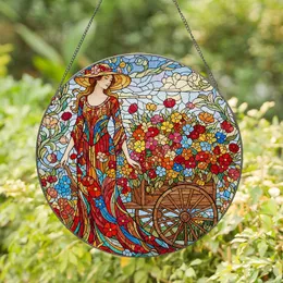 Woman Floral Dress Flower Cart Blooming Garden - Home Decor Gift for Garden Lover Stained Glass Suncatcher